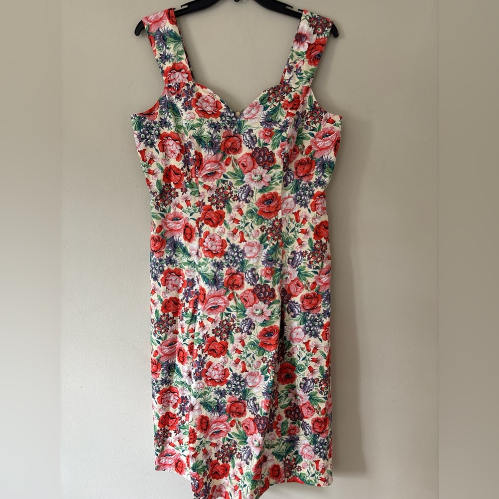 J. Peterman Retro Pink Floral 100% Cotton Midi Dress Sz 12 - Picture 2 of 12